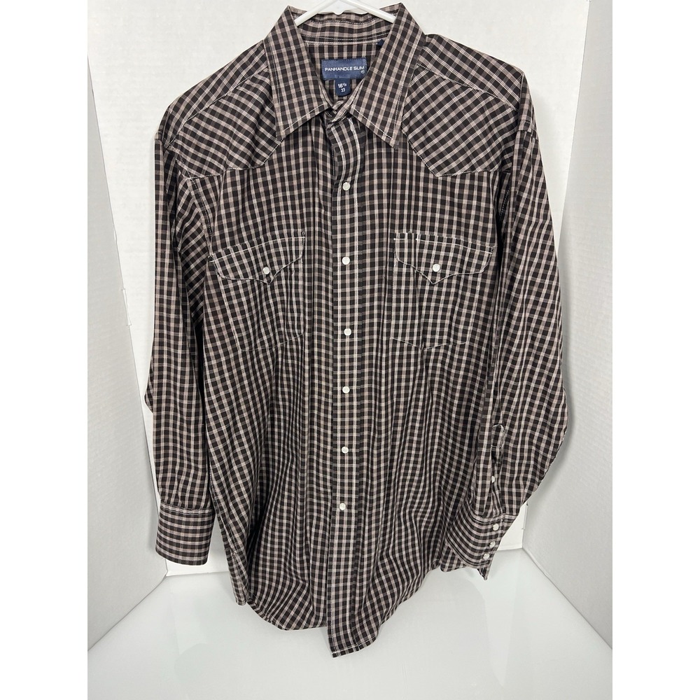 Panhandle Shirt Mens 16 1/2 Brown Checked Pearl Snap Western Long Sleeve Cotton